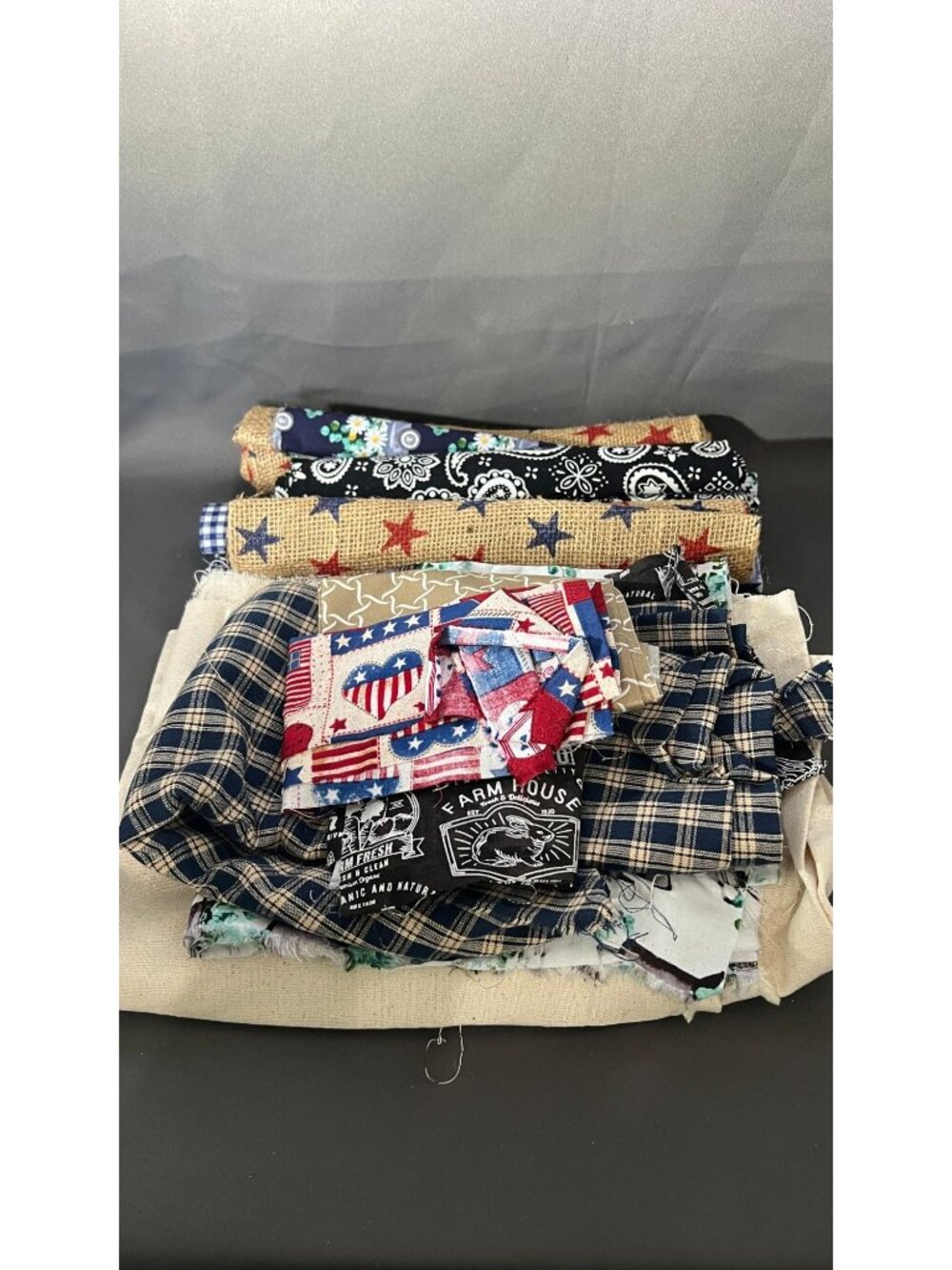 Fabric Scrap Mixed Lot Patterns & Solids Stars Plaid Burlap